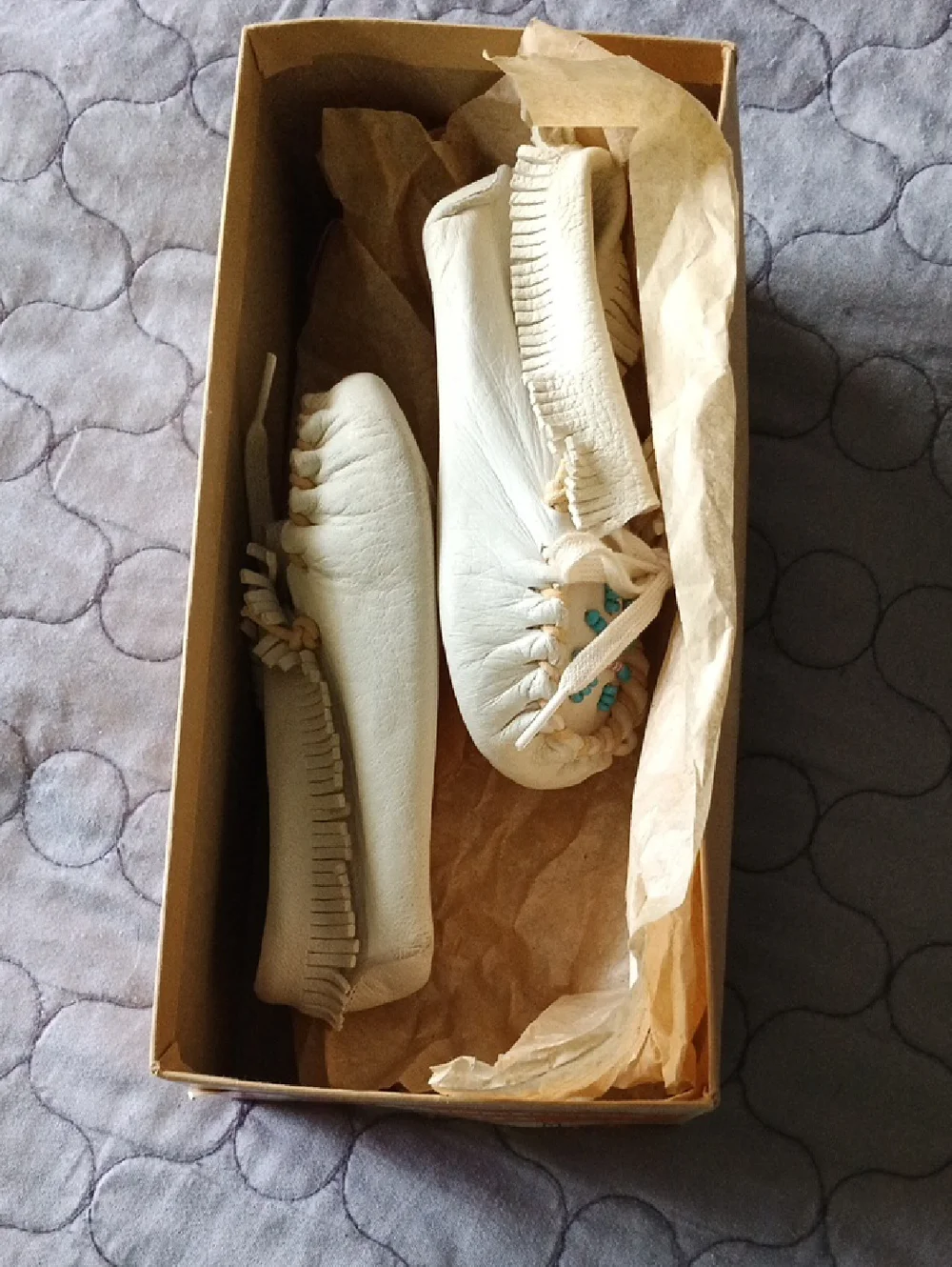 Baby Fringe Moccasin Shoes in White with Bead Detail